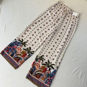 Love Wish Womens Large Wide Leg Tropical Border Print Rayon Elastic Waist Pants